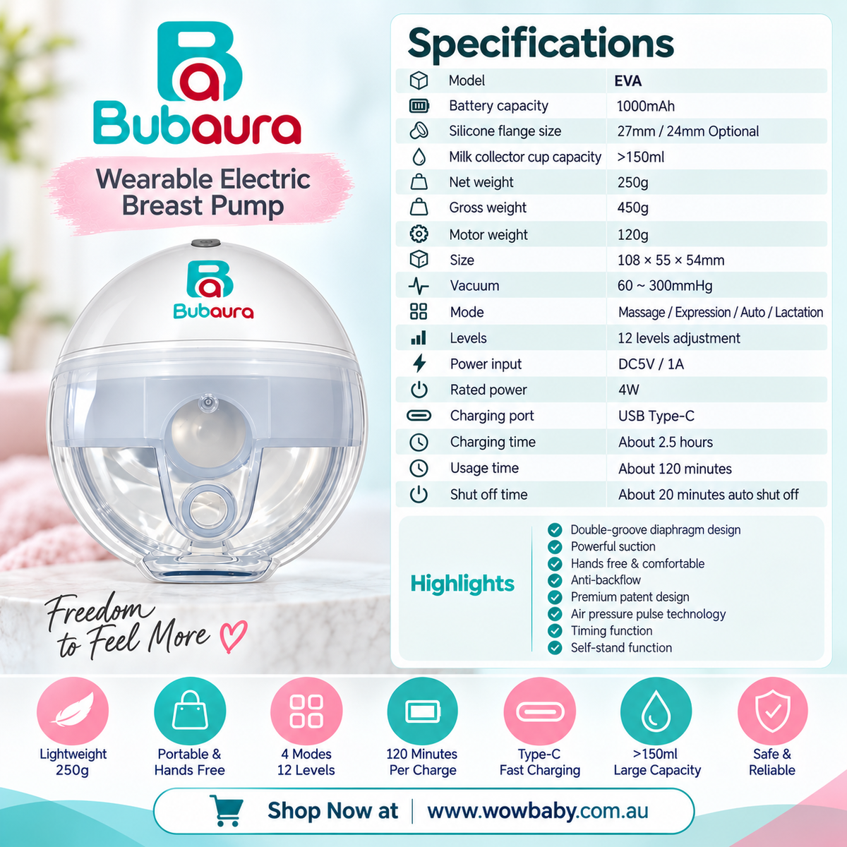EVA Wearable Hands-Free Electric Breast Pump – Bubaura